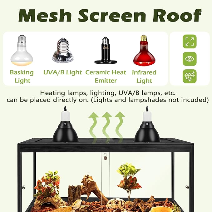 PROLEE Bearded Dragon Tank,61 Gallon Reptile Tank with Meatl Mesh Roof and Front Sliding Door, Anti-Scratch Lizard Tank,Spacious Reptile Enclosure for Snakes,Lguanas, Chameleons (Black)