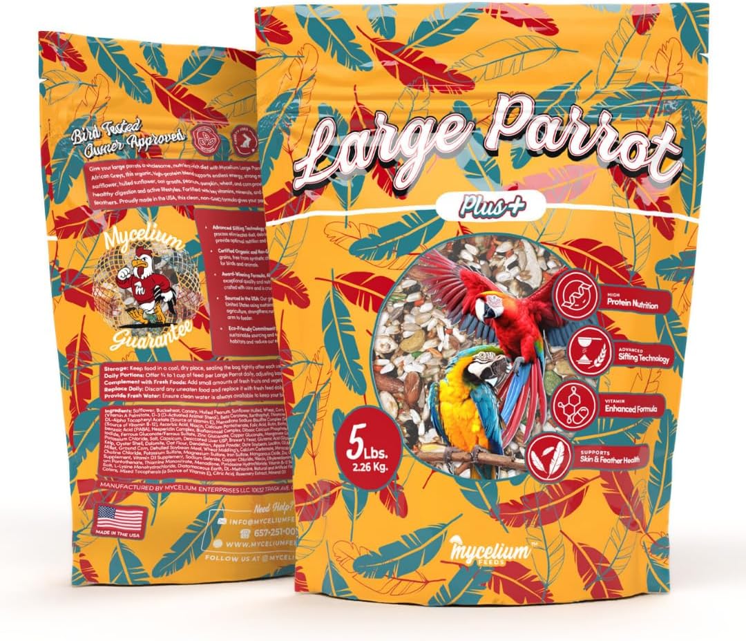 Mycelium Organic Large Parrot Plus Bird Food (5 LBS) | Premium Bird Seed for Macaws, Cockatoos & Parrots | High-Protein, Vitamin-Fortified, Skin & Feather Support | Non-GMO, USA Made, No Fillers