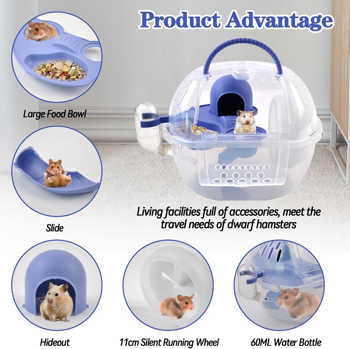 Dwarf Hamster Carrier Cage,Hamster Carrier Portable Hamster Travel Carry Case Breathable 2 Tiers with Silent Exercise Wheels,Water Bottle,Food Dish(Blue)