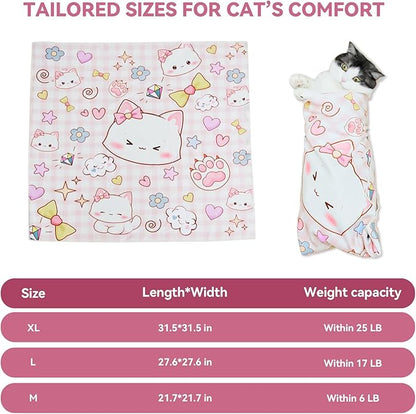 Cat Grooming Wrap for Cutting Nails, 21.6" Anti-Escape Calming Cat Swaddle Wrap for Medicine, Nail Clipping, Teeth Brushing, Ear Cleaning, Self-Adherent Burrito Restraint, (Happy Kitty, M)