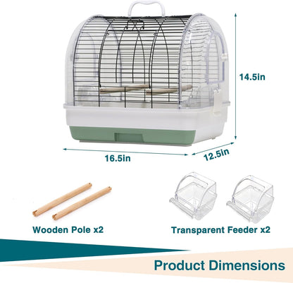 Portable Bird Cage Carrier, Travel Parrot Cage with 2 Perches, 2 Food Bowls and Tray, Metal Parakeet Cages for Small to Medium Sized Birds Cockatiels Lovebirds Canaries Budgies