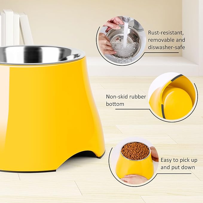 Dog Bowls,Cone Friendly Non-Slip Single Dog Bowl with Stainless Steel Inner, Raised Bowls for Small Dogs Spaniel Dogs Long Ear, High Capacity, M/2 Cup Yellow