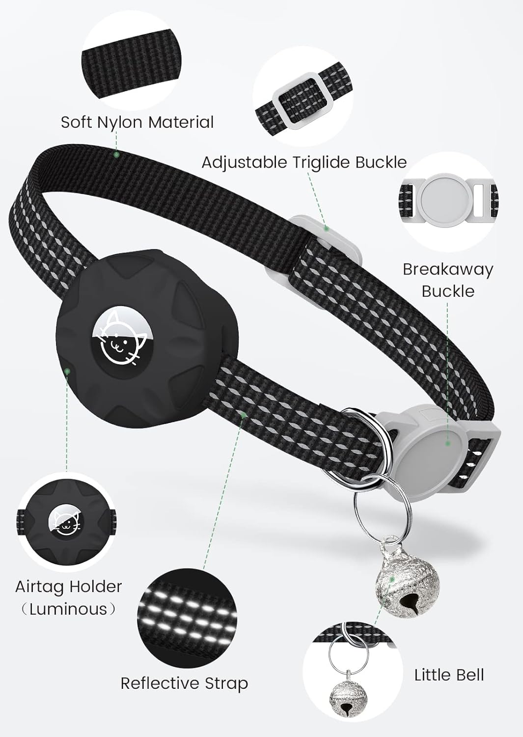 Apple AirTag Cat Collar, GPS Tracker Kitten Collar with Breakaway Feature and Bell, Lightweight for Cats and Kittens (Black)