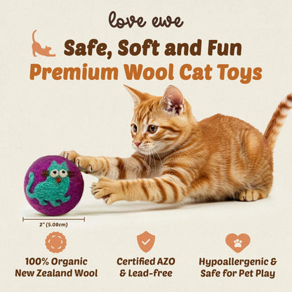 Hustle & Blush Wool Felt Balls - 3 Pack Love Ewe Pet Supplies – 2in Colorful & Durable Cat Toys Handmade from New Zealand, Ideal for Indoor Play and Mental Stimulation – Cat & Mouse Design