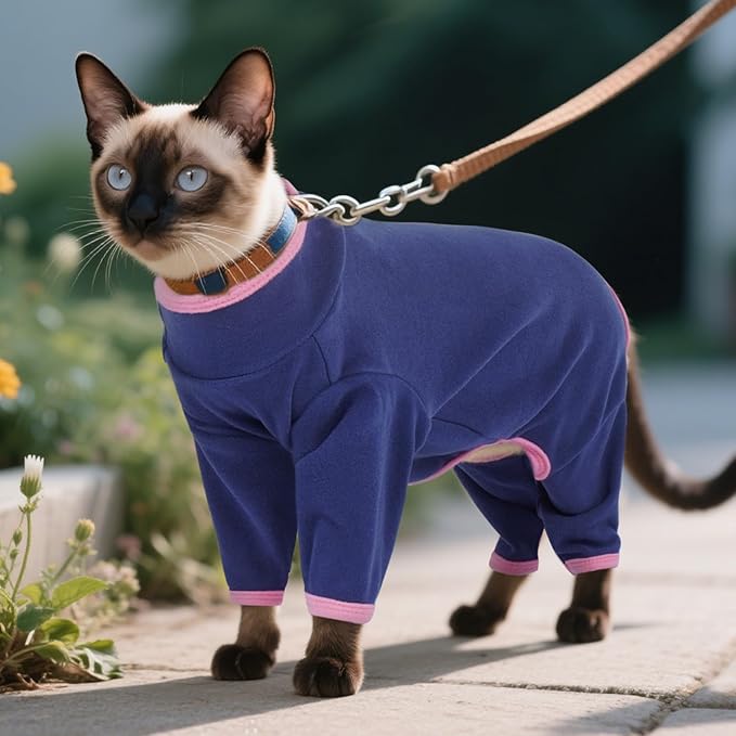 DENTRUN Cat Clothes for Hair Control with Hair Sticky Fabric - Soft Recovery Suit & Breathable Lint-Resistant Cat Sweater for Cats Only, Kitten Onesie Pajamas, XXL, Blue