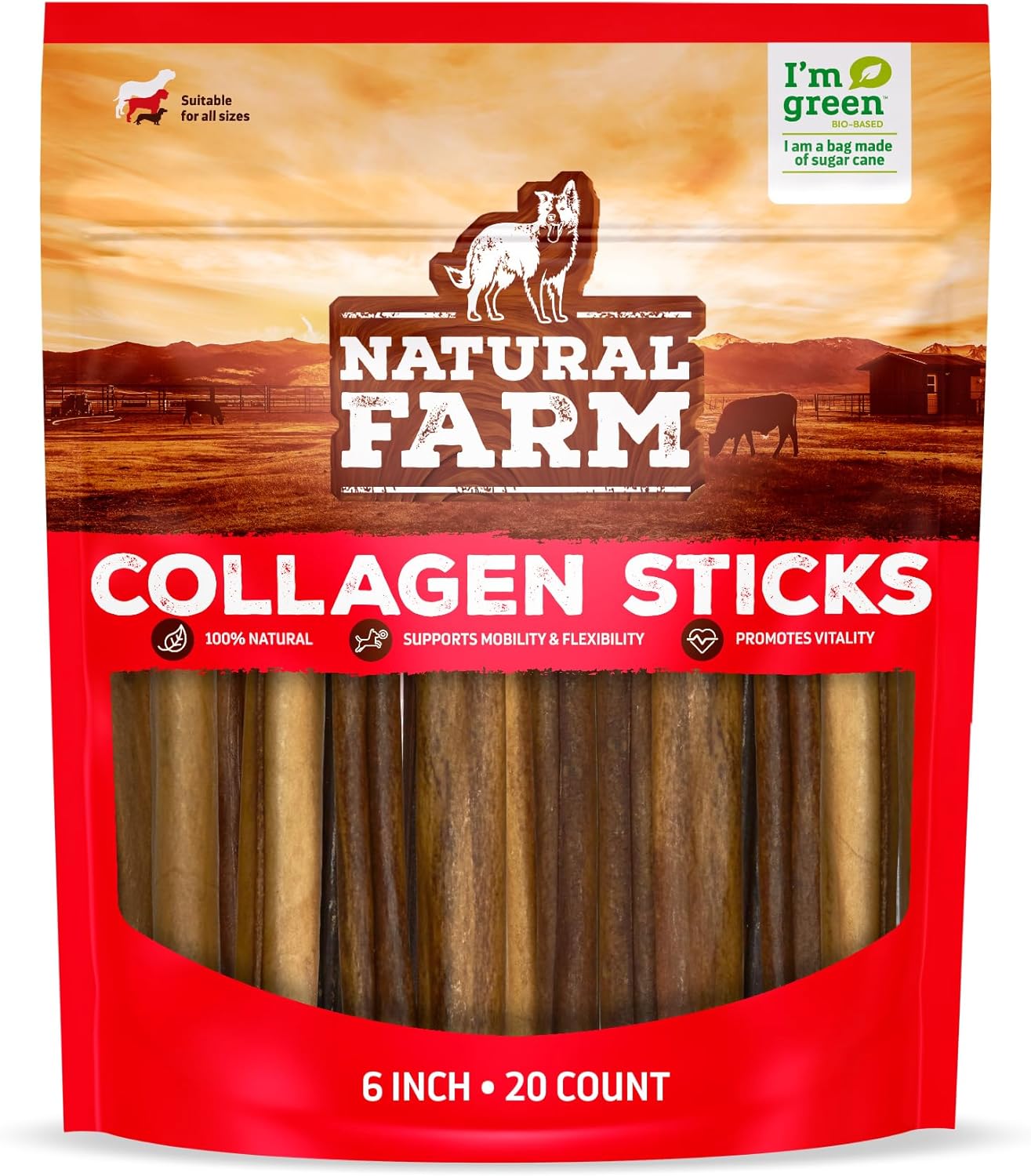 Natural Farm Collagen Sticks (6 Inch, 20 Pack). Odor-Free, 95% Natural Collagen Dog Chews, Supports Healthy Joints, Skin & Coat - Best Rawhide Alternative for Small & Medium Dogs
