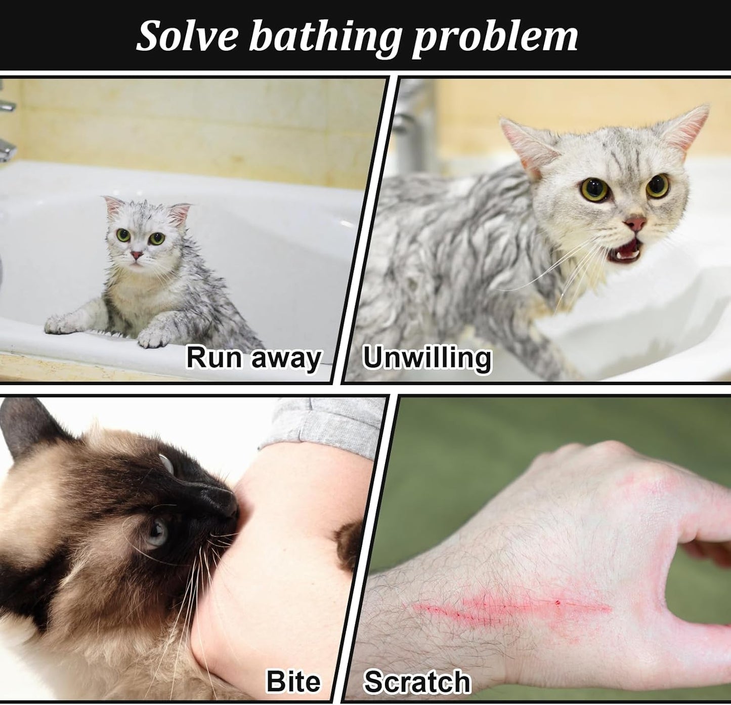 Cat Bathing Bag, Breathable Mesh Cat Shower Bag Anti Scratch Adjustable Cat Grooming Bag for Nail Trimming, Bathing Polyester Soft Cat Washing Bag (White- Black)