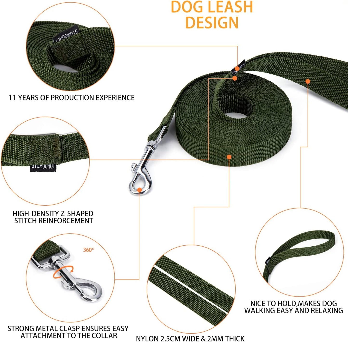 Strong Durable Nylon Dog Training Leash, 1 Inch Wide Traction Rope, 6 ft 10ft 15ft Long, for Small and Medium Dog (Military Green, 15 Feet)