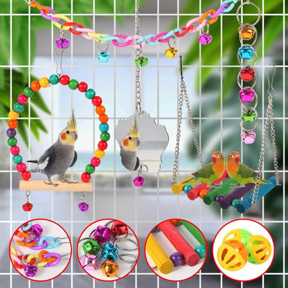 Bird Toys for Parakeets, Parrots, Conures, Cockatiels, Love Birds, Finches, Mynah, Budgerigar - 9Pcs Wooden Ladder Bridge, Swing, Hammock, Cage Accessories