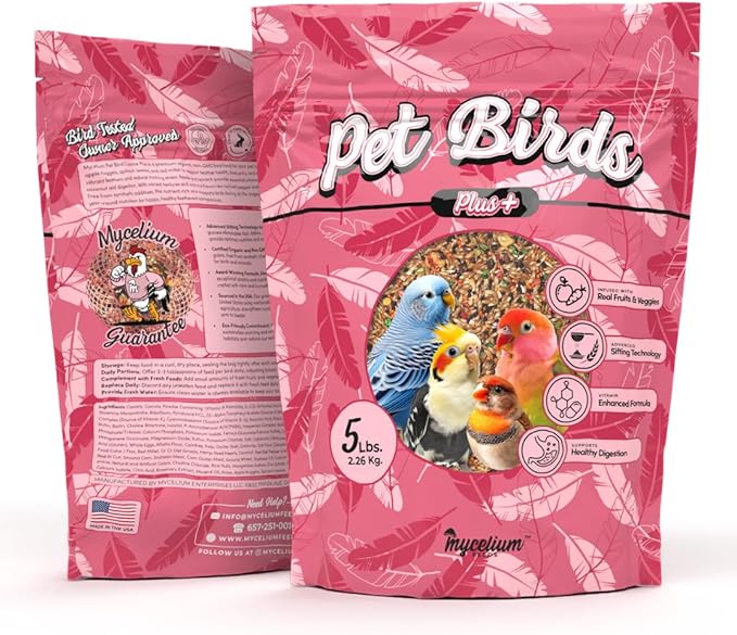 Mycelium Pet Bird Plus Feed (5 LB Bag) | Organic Bird Food for Parakeets, Lovebirds & Cockatiels | Vitamin-Fortified with Real Fruits & Veggies | Immune Support, Daily Nutrition | Non-GMO, USA Made