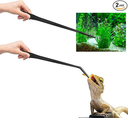 Lasnten 2 Pcs Extra Long Stainless Steel Reptile Feeding Tongs with Rubber Tip Bearded Dragon Aquarium Straight and Curved Long Tweezer Terrarium Feeder Tool for Tank (18.5 Inch, 18.9 Inch,Black)