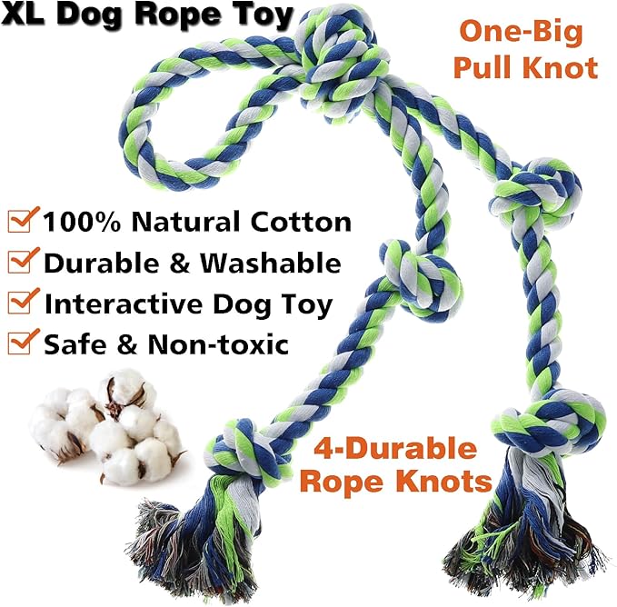 Rope Toy for Dogs，Large Dog Rope Toys for Aggressive Chewers, Heavy Duty Dog Toys for Large Medium Breed, Indestructible Tough Chew Toys Tug of War Dog Toy Cotton Rope for Teeth Cleaning