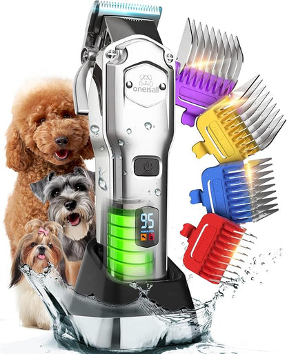 oneisall Dog Clippers for Grooming Thick Hair Professional,Cordless/Rechargeable Pet Grooming Kit with Detachable Metal Combs, Low Noise Heavy-Duty Pet Clippers for Thick/Curly/Fine/Wavy Hair (Sliver)