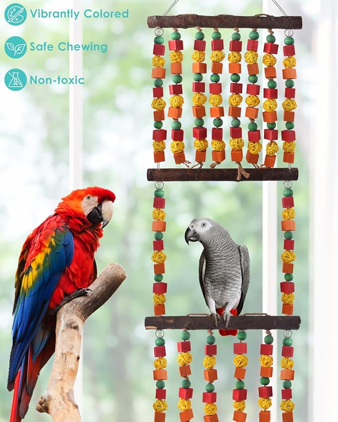 43" Extra Large Bird Parrot Toys, Multicolored Wooden Blocks Chewing Toy with Rattan Balls and Perches for Macaws, African Greys, Cokatoos, Amazon Parrots and Small Medium Parakeets