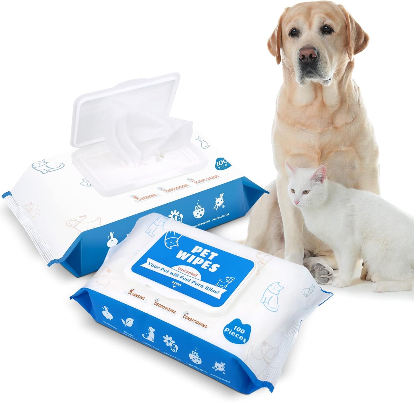 Dog Grooming Wipes - 200count/2packs Unscented Cat Wipes Cleaning Fur - Plant Based Pet Wipes for Dogs - Large & Thick Dog Paw Wipes - Fast Bath Dog Wet Wipes for Paws, Butt, Face and Body