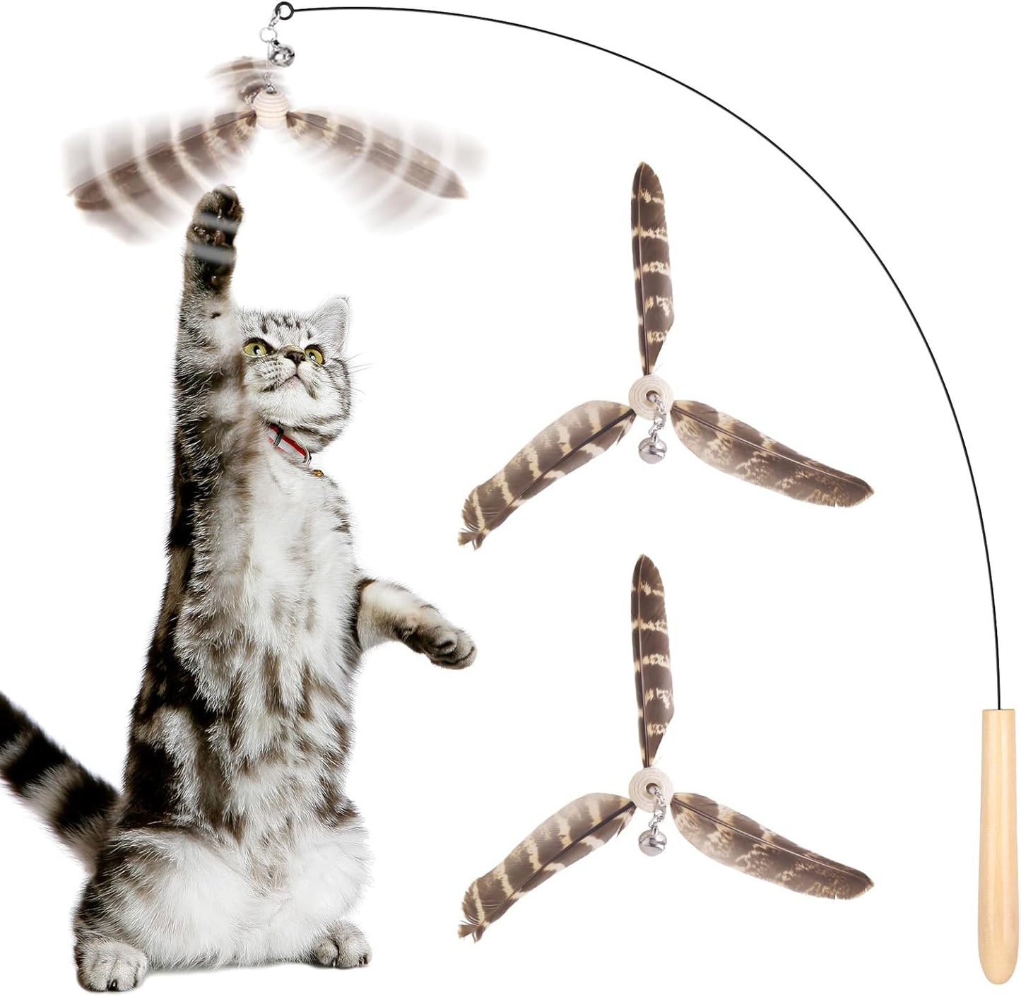 Cat Toys Interactive for Indoor Cats, Cat Wand Toys with 3 Feather Refills, Sturdy Wood Handle with Flexible Steel Wire for Kitten, Feather Toys Refills for Bored Indoor Adult Cats