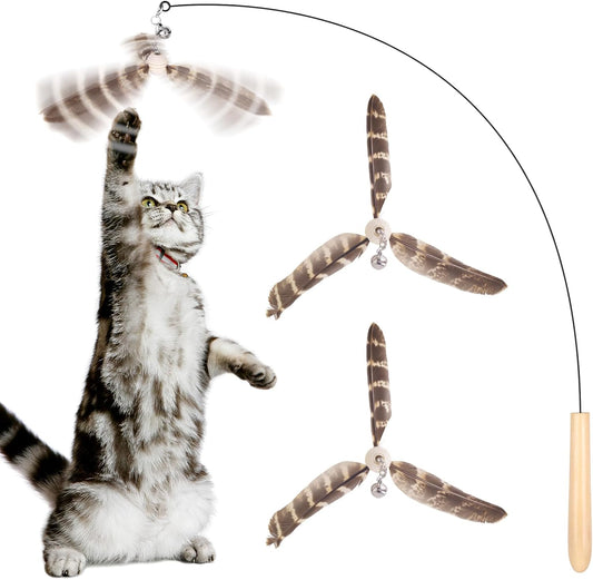 Cat Toys Interactive for Indoor Cats, Cat Wand Toys with 3 Feather Refills, Sturdy Wood Handle with Flexible Steel Wire for Kitten, Feather Toys Refills for Bored Indoor Adult Cats