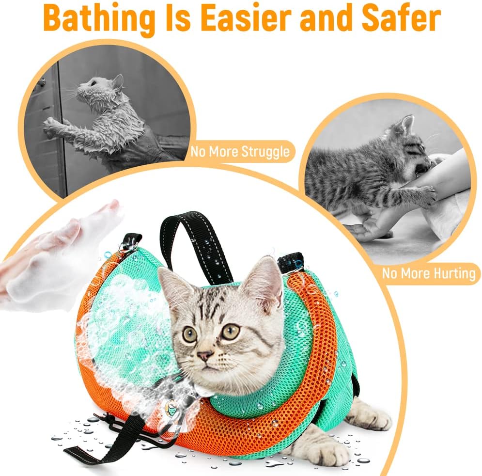 AWOOF Cat Grooming Bag Adjustable Cat Bathing Bag Anti Scratch Bite Restraint Bag Cat Sling Bag Durable Mesh Cat Shower Bag for Small Medium Large Cats Nail Trimming Ear Cleaning Medicine Taking