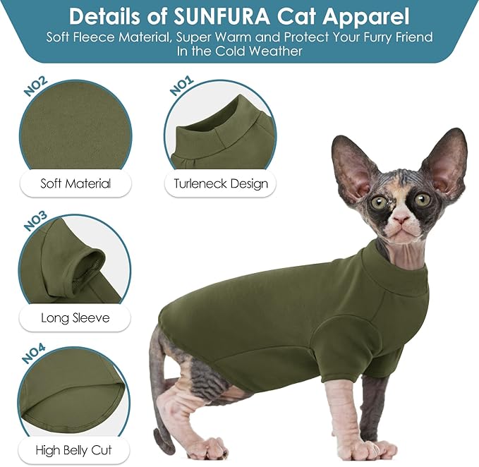 SUNFURA Turtleneck Sweater for Cat, Sphynx Cats Shirt Hairless Cat Sweaters with Sleeves, Warm and Soft Kitten Pullover Fleece Winter Pajamas Jumpsuit for Puppy Cats, ArmyGreen M