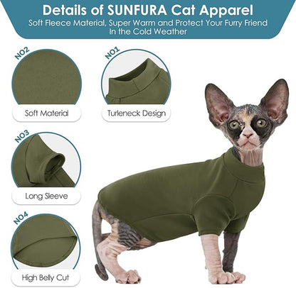 SUNFURA Turtleneck Sweater for Cat, Sphynx Cats Shirt Hairless Cat Sweaters with Sleeves, Warm and Soft Kitten Pullover Fleece Winter Pajamas Jumpsuit for Puppy Cats, ArmyGreen M