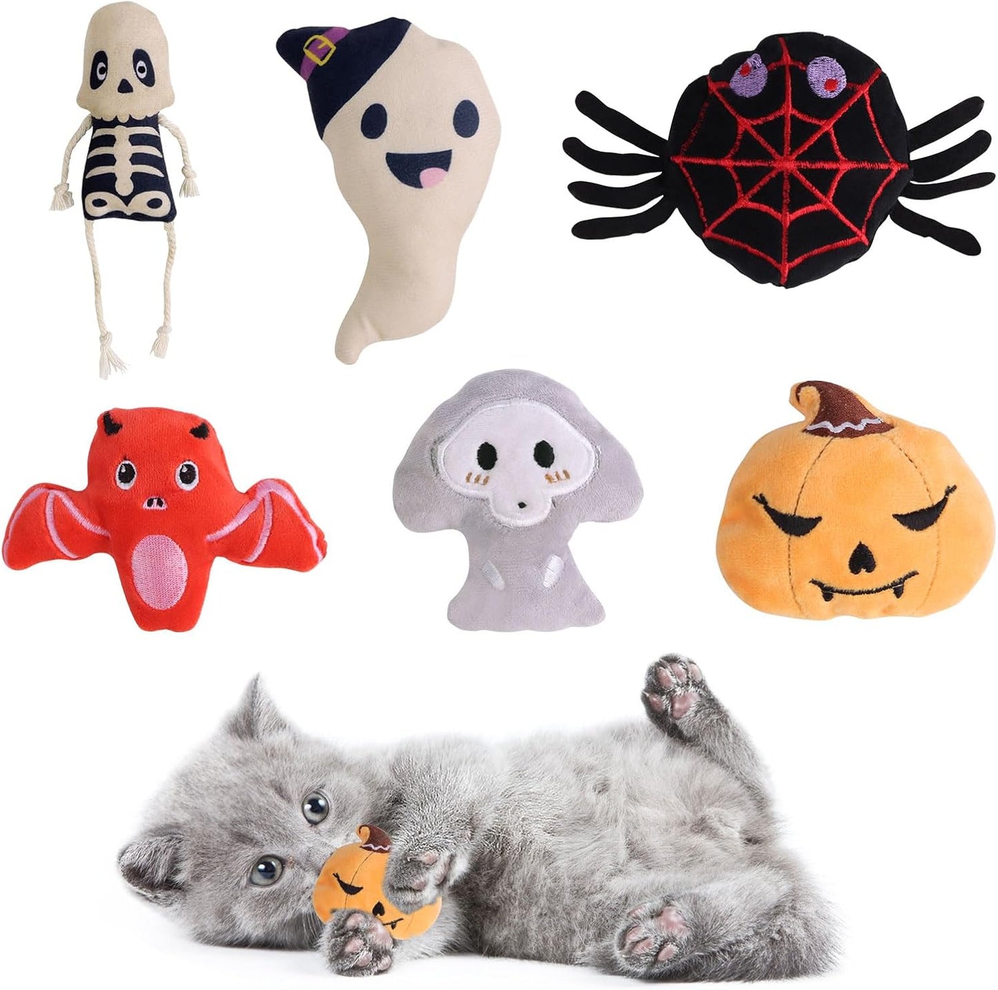 FOIMAS Halloween Catnip Toys,Pumpkin Ghost Catnip Toy Chew Bite Plush Toy for Cat Interactive, Pack of 6