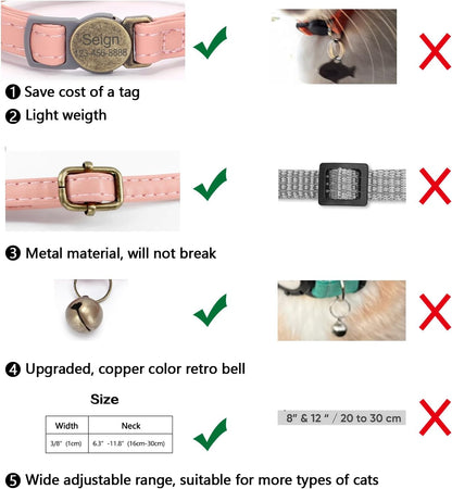 Cat Collar Breakaway, Personalized Leather Cat Collar with Bells-Adjustable Customized Collar with Name & Phone Number Tag for Girl Boy Cats -Quick Release Buckle for Cats & Kittens (Pink)