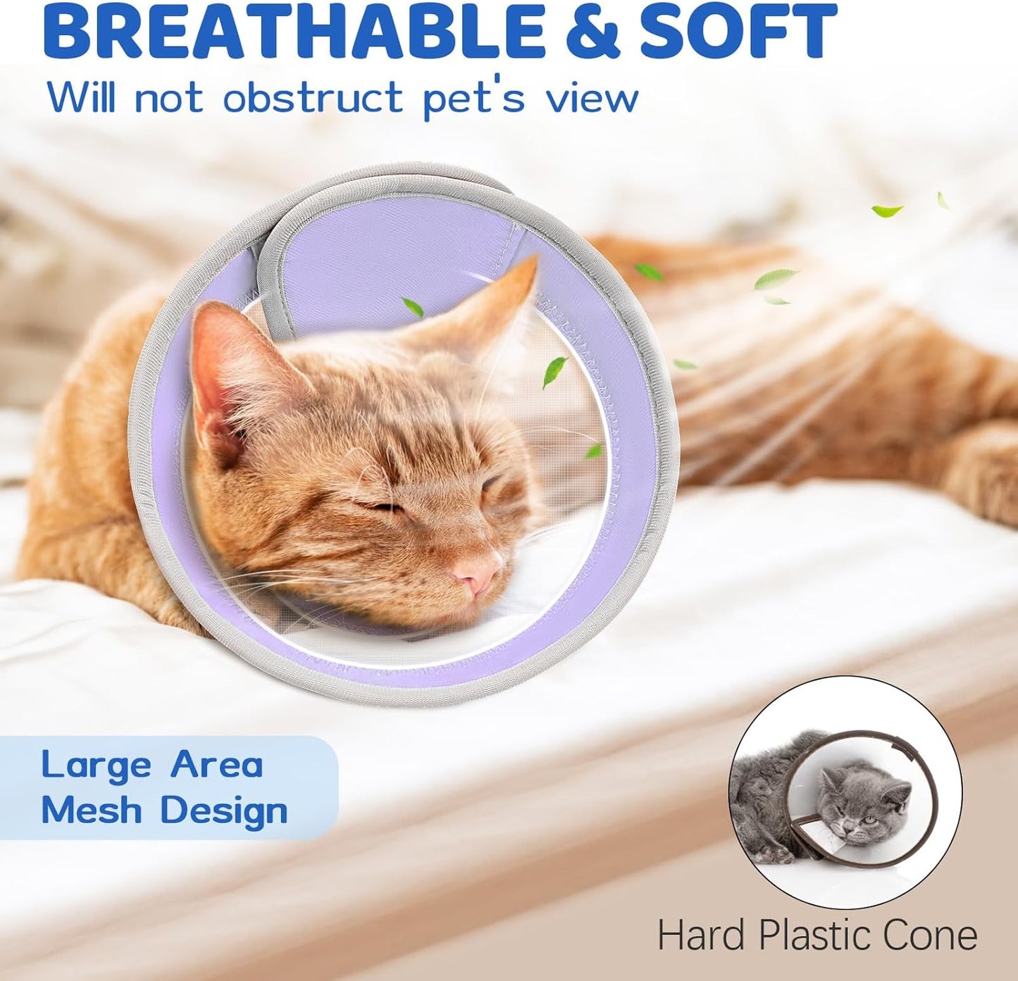 Breathable Air Mesh Cat Cone Collar Soft to Stop Licking, Adjustable, Foldable Lightweight Kitten Cones After Surgery Recovery for Cats & Kittens (Light Purple, S)