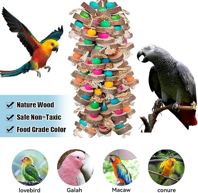 Large Bird Toys for Macaws, Multicolored Wooden Blocks Bird Chewing Toy Parrot Cage Bite Toy for Macaws Cokatoos African Grey and Large Medium Parrot Birds
