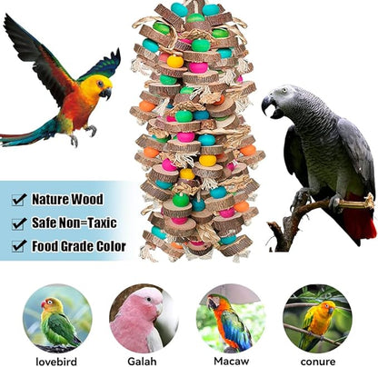 Large Bird Toys for Macaws, Multicolored Wooden Blocks Bird Chewing Toy Parrot Cage Bite Toy for Macaws Cokatoos African Grey and Large Medium Parrot Birds
