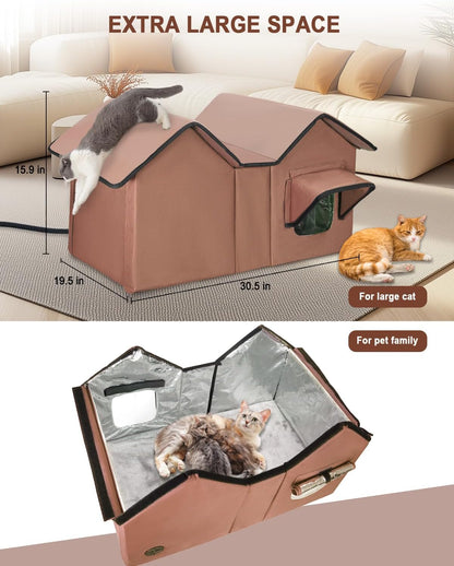Extra Large Heated Cat House for Outside in Winter, Elevated Heated Outdoor Cat House Weatherproof with Heating pad, Insulated Outdoor Cat Shelter for Multiple Cats Small Dogs (Brown)