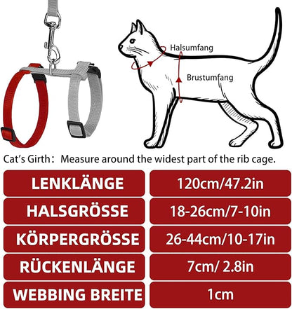 PUPTECK Adjustable Cat Harness and Leash Set Escape Proof Kitten Strap Collar for Walking Travel, Grey/Red Mixed