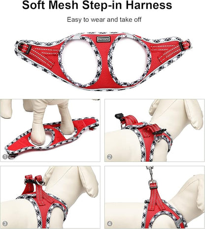 Mercano Soft Mesh Dog Harness and Leash Set, No-Chock Step-in Reflective Breathable Lightweight Easy Walk Vest Harnesses with Safety Buckle for Small Dogs, Cats (Red, M)
