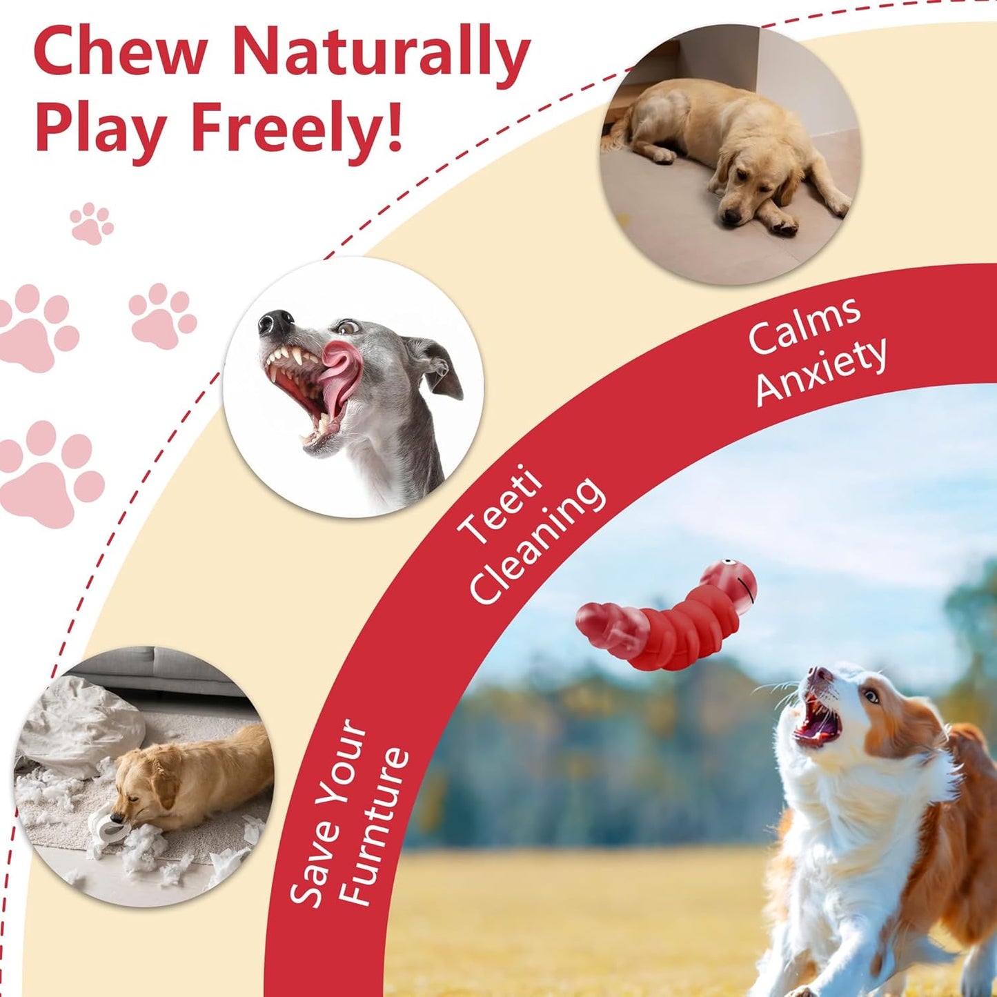Caterpillar Dog Chew Toys for Aggressive Chewers, Tough Indestructible Squeaky Dog Toy with Beef Flavor Nylon Rubber for Large Medium Dogs to Keep Them Busy and Reduce Boredom (Red)