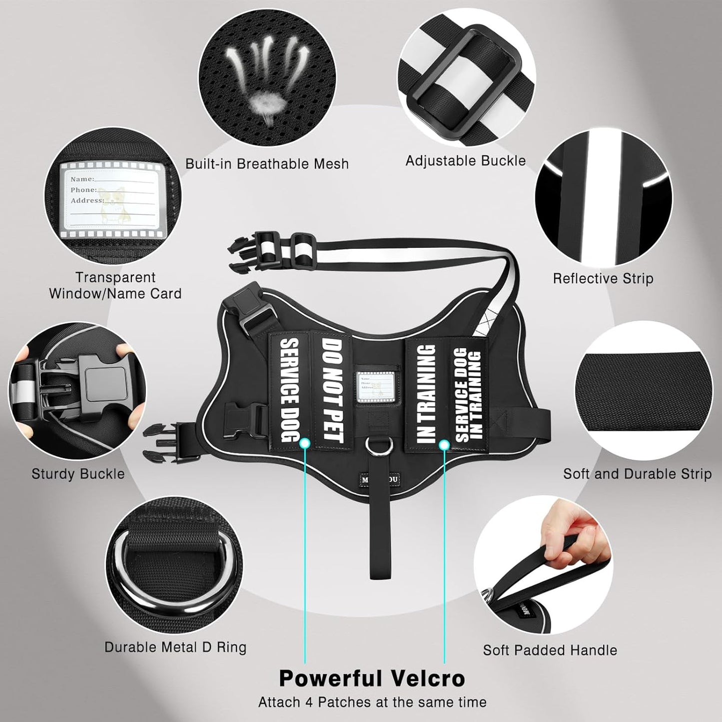 Service Dog Vest Harness and Leash Set+10 Patches,No Pull&Easy Walk Reflective Dog Harness with Soft Padded Handle for Training/Everyday,Fit Small/Medium/Large/Extra-Large Dogs (Black L)