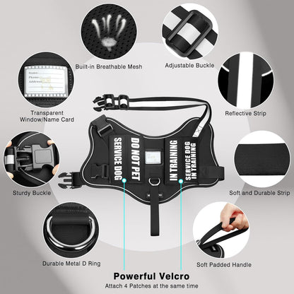 Service Dog Vest Harness and Leash Set+10 Patches,No Pull&Easy Walk Reflective Dog Harness with Soft Padded Handle for Training/Everyday,Fit Small/Medium/Large/Extra-Large Dogs (Black L)