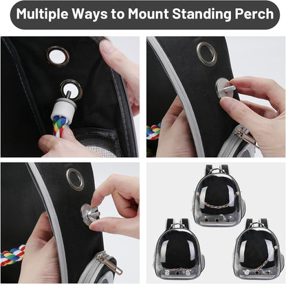 Bird Backpack Carrier, Travel Bird Cage for Small Medium Size Parrot Parakeet Budgies Cockatiel, Portable Clear Bubble Window Bag with Stainless Steel Tray Food Bolw Standing Perch (Black)