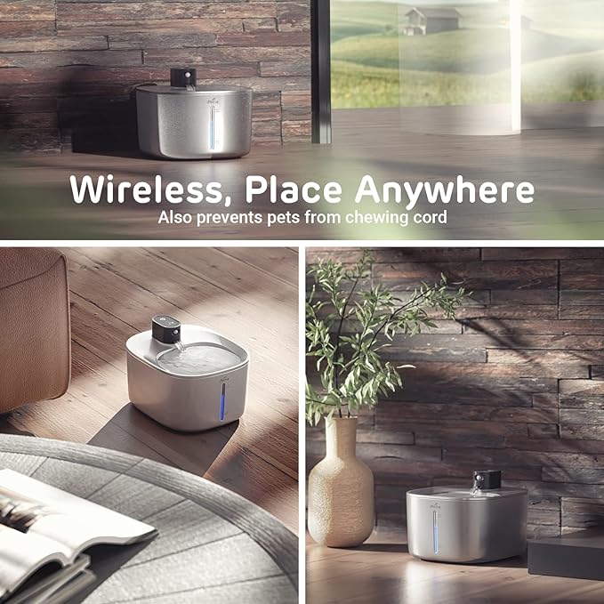 iPettie Runway Battery Cordless Cat Water Fountain Stainless Steel, 1.1Gal/4L Large Capacity, Motion Sensor, 5-Stage Water Filter