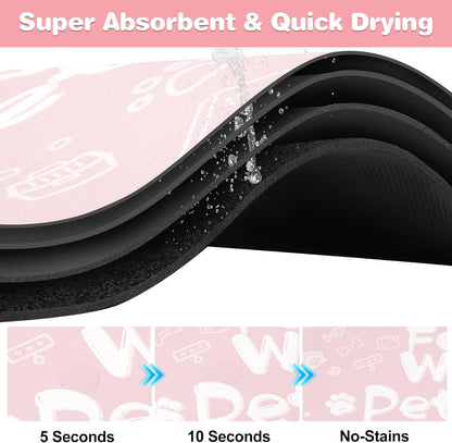 Pet Feeding Mat,Dog Cat Mat for Food and Water,Dog Bowl Waterproof Placemat with Rubber Backing,Absorbent Quick Dry Water Dispenser Mat for Pet（Pink 16"×24"）