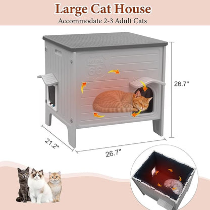 Outdoor Cat House with Insulated Liner, Large Weatherpoof Plastic Insulated Cats Houses with Escape Door Indoor Waterproof Feral/Pet Cat Shelter Outside for Puppy, Rabbit for Winter（Grey）