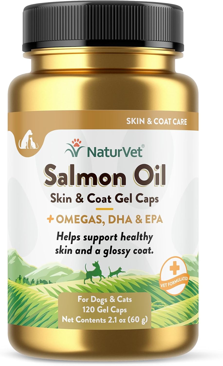 NaturVet Salmon Oil Pet Supplement for Healthy Skin, Glossy Coats – Dog Coat Supplement, Cat Skin Supplement – Includes Omega-3, 6, 9, Source of DHA, EPA – 120 Ct. Gel Caps
