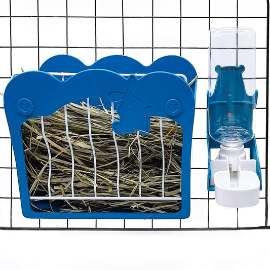 Hamiledyi Rabbit Hay Feeder 500ml Hanging Gravity Water Dispenser Guinea Pig Grass Rack Water Bottle Set for Bunny Ferret Chinchilla(Blue)