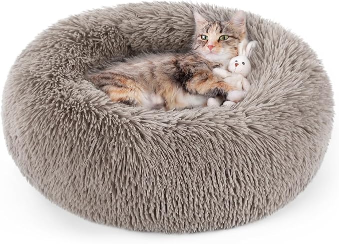 rabbitgoo Cat Beds for Indoor, 20 inches Machine Washable, Fluffy Round Pet Bed Non-Slip, Calming Soft Plush Donut Cuddler Cushion Self Warming for Small Dogs Kittens, Khaki, Medium