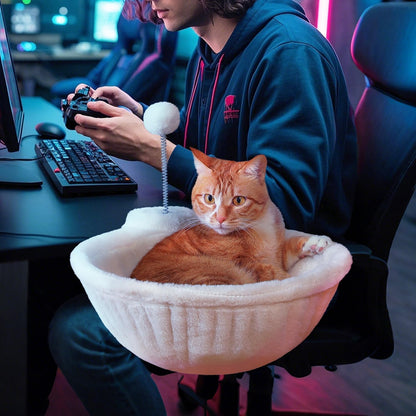 PAWZ Road Cat Bed for Desk, Large Cats Hammock with Plush Ball，12 Inches in Diameter,Space-Saving Cat Desk Bed, White Cats Hammock for Table Supports Up to 40lbs, Medium