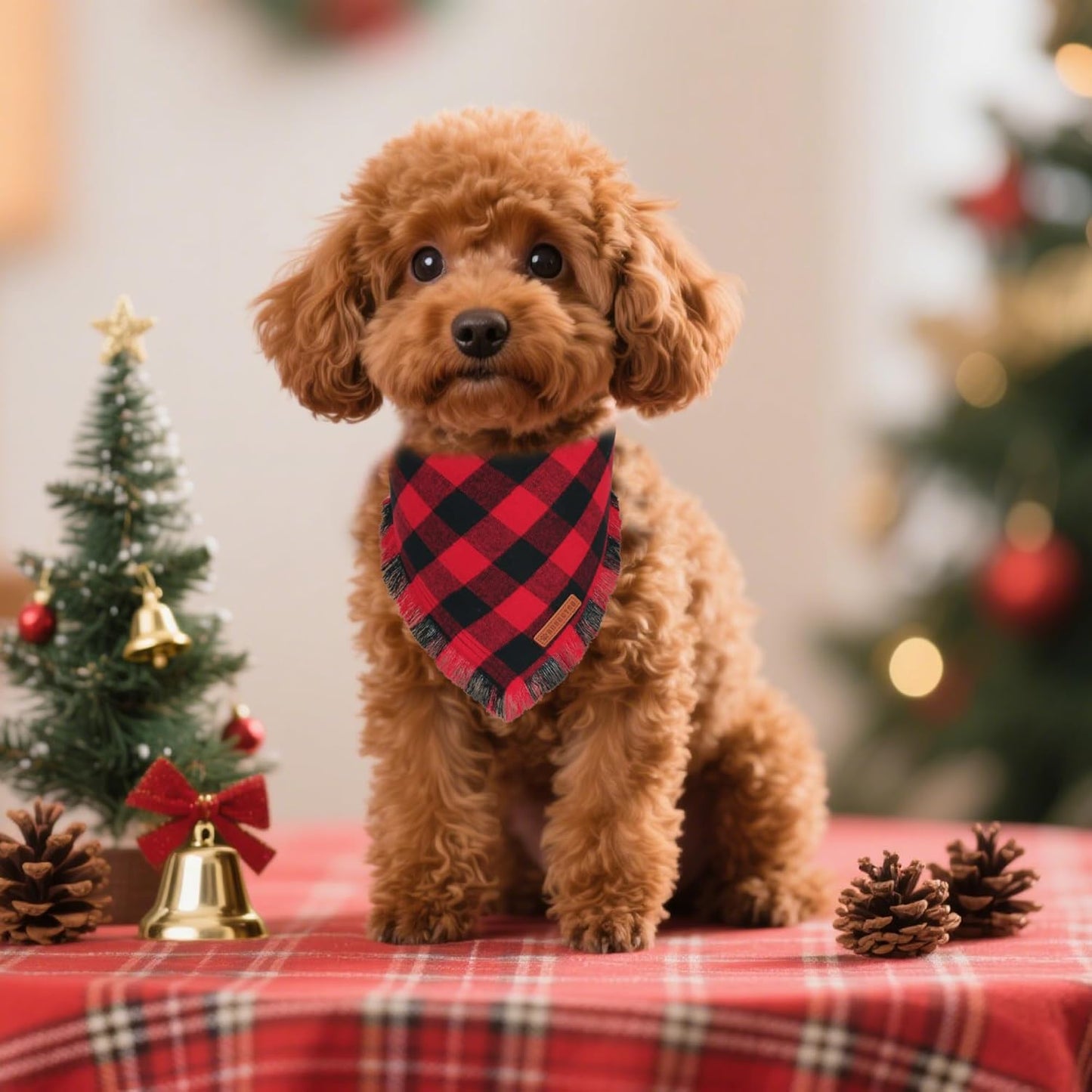 ADOGGYGO Christmas Dog Bandanas with Tassels, Classic Plaid Xmas Scarf Bib, Premium Cotton Fabric, Red Green Plaid Christmas Bandanas for Small Dogs (Small)