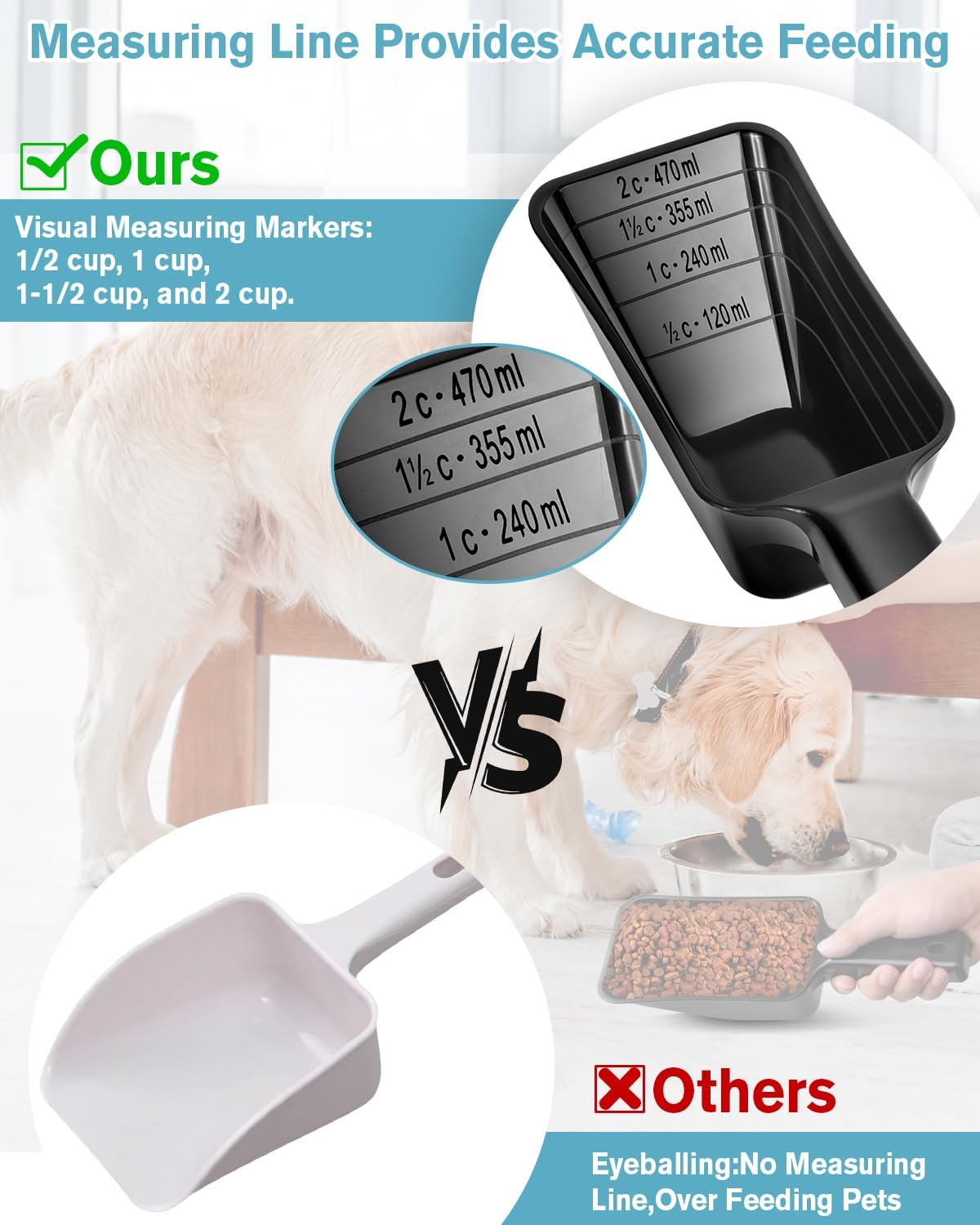 2 Cup Dog Food Scoop(2 Pack), Plastic Pet Food Scoop with Measuring Lines for Accurate Pet Food Portions,Dishwasher Safe (Black)