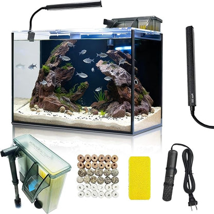 10 Gallon Aquarium Set Glass Fish Tank, with Heater Self Cleaning System Filter with Media Bright Light, Leak-Proof Clear Rimless Betta Tropical Freshwater Fish