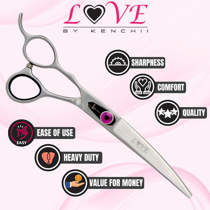 Kenchii Love Left Handed Dog Grooming Scissors, 7 Inch Curved Shears, Dog Scissors for Grooming, Professional Pet Grooming Scissors, Ergonomic & Comfortable