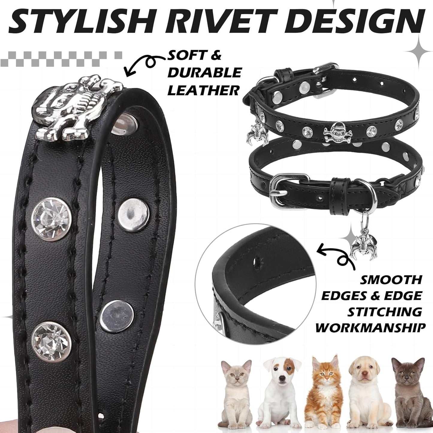 EXPAWLORER Halloween Leather Cat Collar - Adjustable Pet Collar with Rivet Spike for Girl Boy Cats, Punk Accessories with Bell & Durable D-Ring,White Diamond Skull