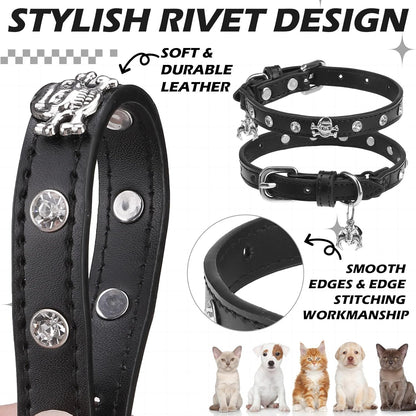 EXPAWLORER Halloween Leather Cat Collar - Adjustable Pet Collar with Rivet Spike for Girl Boy Cats, Punk Accessories with Bell & Durable D-Ring,White Diamond Skull