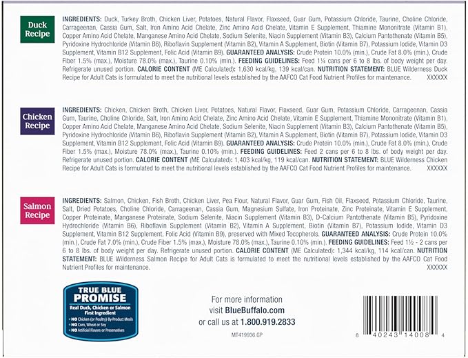 Blue Buffalo Wilderness High Protein, Natural Adult Pate Wet Cat Food Variety Pack, Chicken, Salmon, Duck 3-oz cans (24 Count- 8 of Each Flavor)